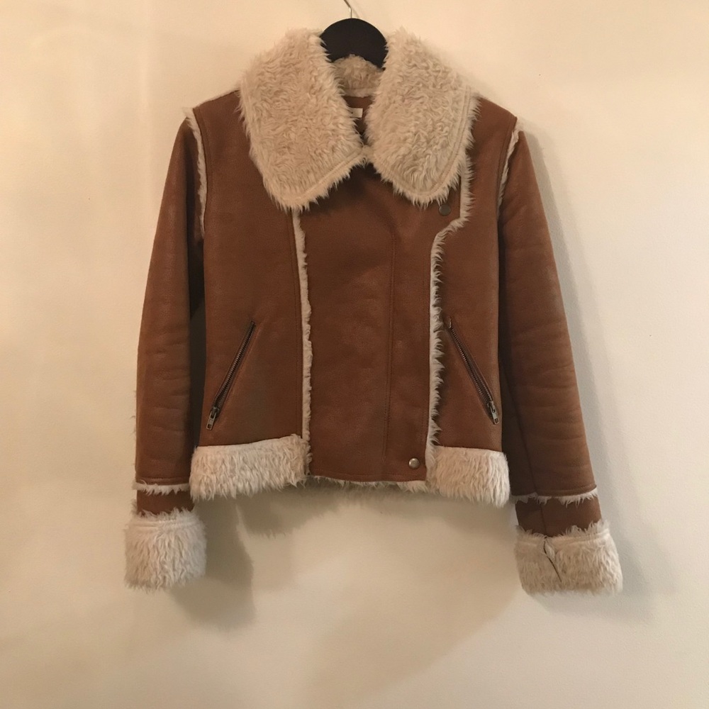 Women camel faux suede fur jacket - Picture 2 of 7